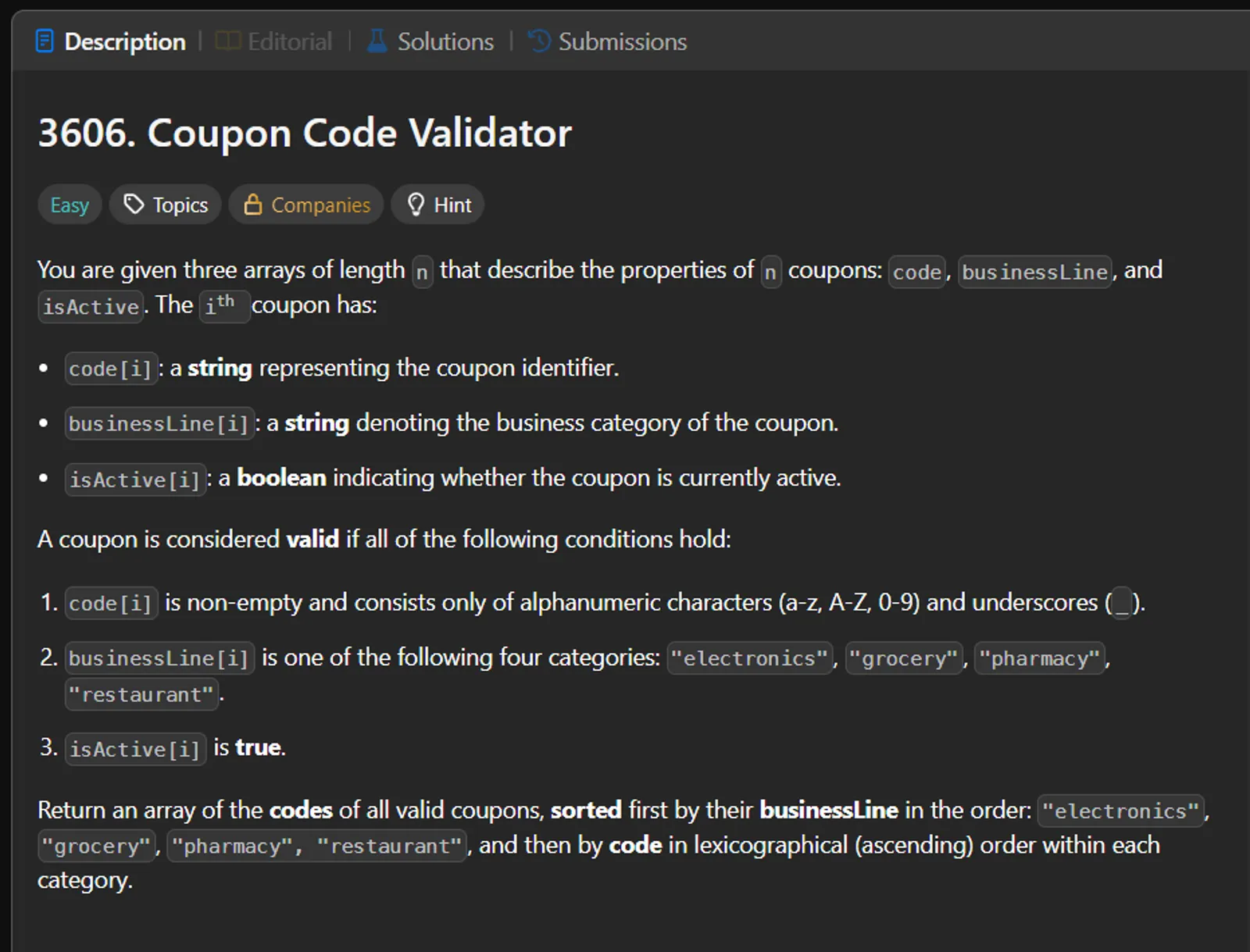 LeetCode #3606 — Coupon Code Validator