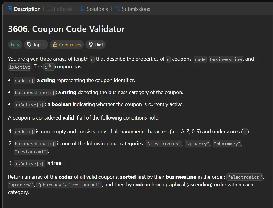 LeetCode #3606 — Coupon Code Validator