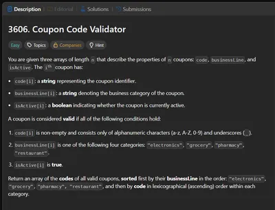 LeetCode #3606 — Coupon Code Validator