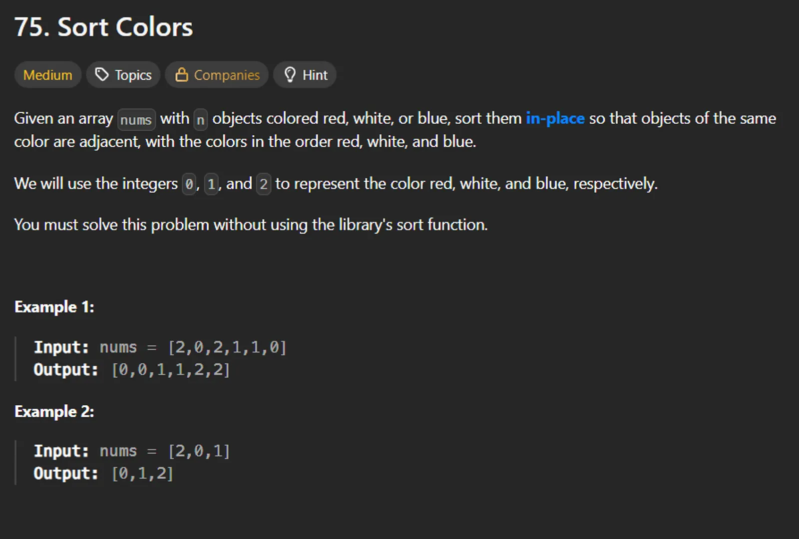 LeetCode #75 - Sort Colors
