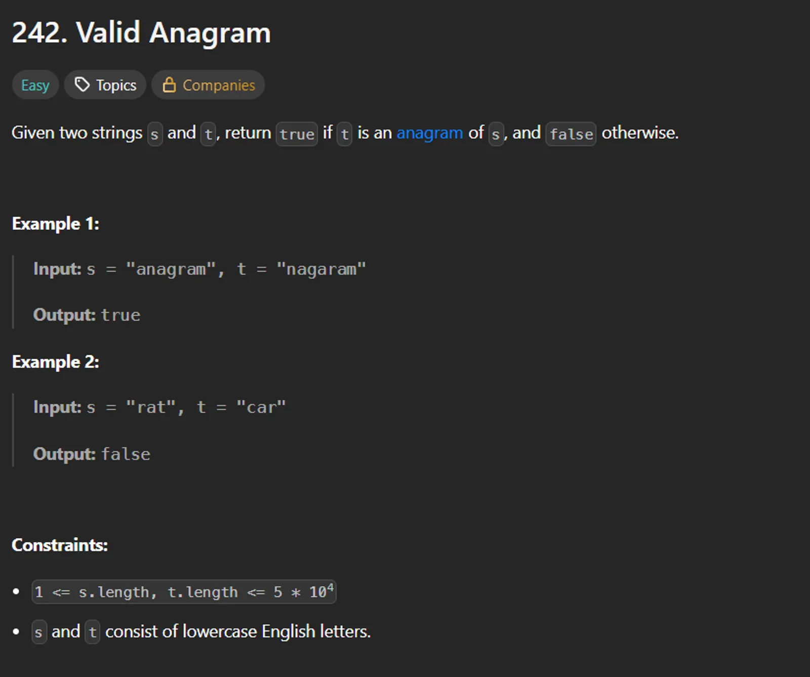 LeetCode #242 - Valid Anagram